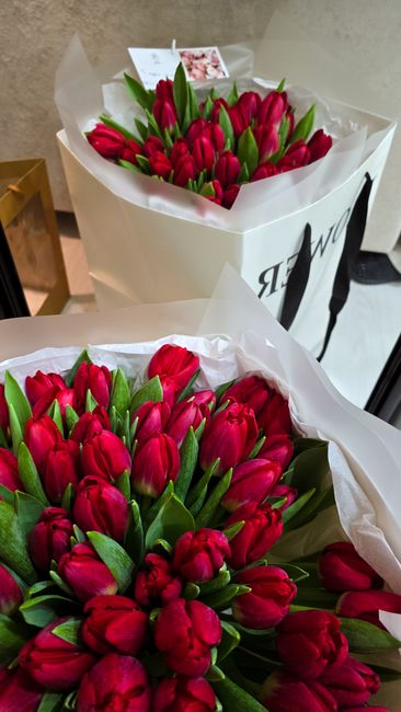 Two bouquets of fresh red tulips with closed buds and green leaves, arranged in white floral paper and placed inside a large white delivery bag with black accents, on a flat surface near a window. The