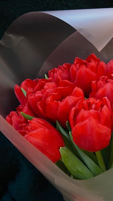 A bouquet of fresh red tulips with vibrant green stems and leaves, arranged in a neat cluster. The flowers are wrapped in black and white glossy paper, with the red petals contrasting vividly against 