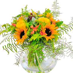Crafted to capture the essence of joy and the golden light of Roehampton's open spaces, this bouquet presents a generous composition anchored by large, sun-drenched sunflowers. Each flower's rich, textured center is fringed by softly radiant petals-shades of yellow and orange reminiscent of late afternoons in Richmond Park. Evoking the comfort of familiar neighbourhood gardens, tightly spiraled yellow roses nestle between the sunflowers, their heavenly scent and lush texture inviting a closer look. Vivid red clusters of hypericum berries peek from within, providing vibrant notes that stand in lively contrast to the abundant green foliage below. Wisps of delicate fern and golden solidago create a soft cascade around the glass, their feathery forms and tiny yellow blossoms conjuring the wild beauty found in Roehampton's hidden woodland corners. Blue-green eucalyptus adds a breath of coolness, balancing the sunny vibrancy of the arrangement. All are artfully arranged in a clear, round glass vase-its transparency magnifying the lively green stems and pure water within, a visual celebration of nature's clarity. Whether as a joyful centrepiece for a Roehampton gathering or a spontaneous gift delivered to mark a happy occasion, this arrangement hums with warmth, local character, and the promise of brighter days.